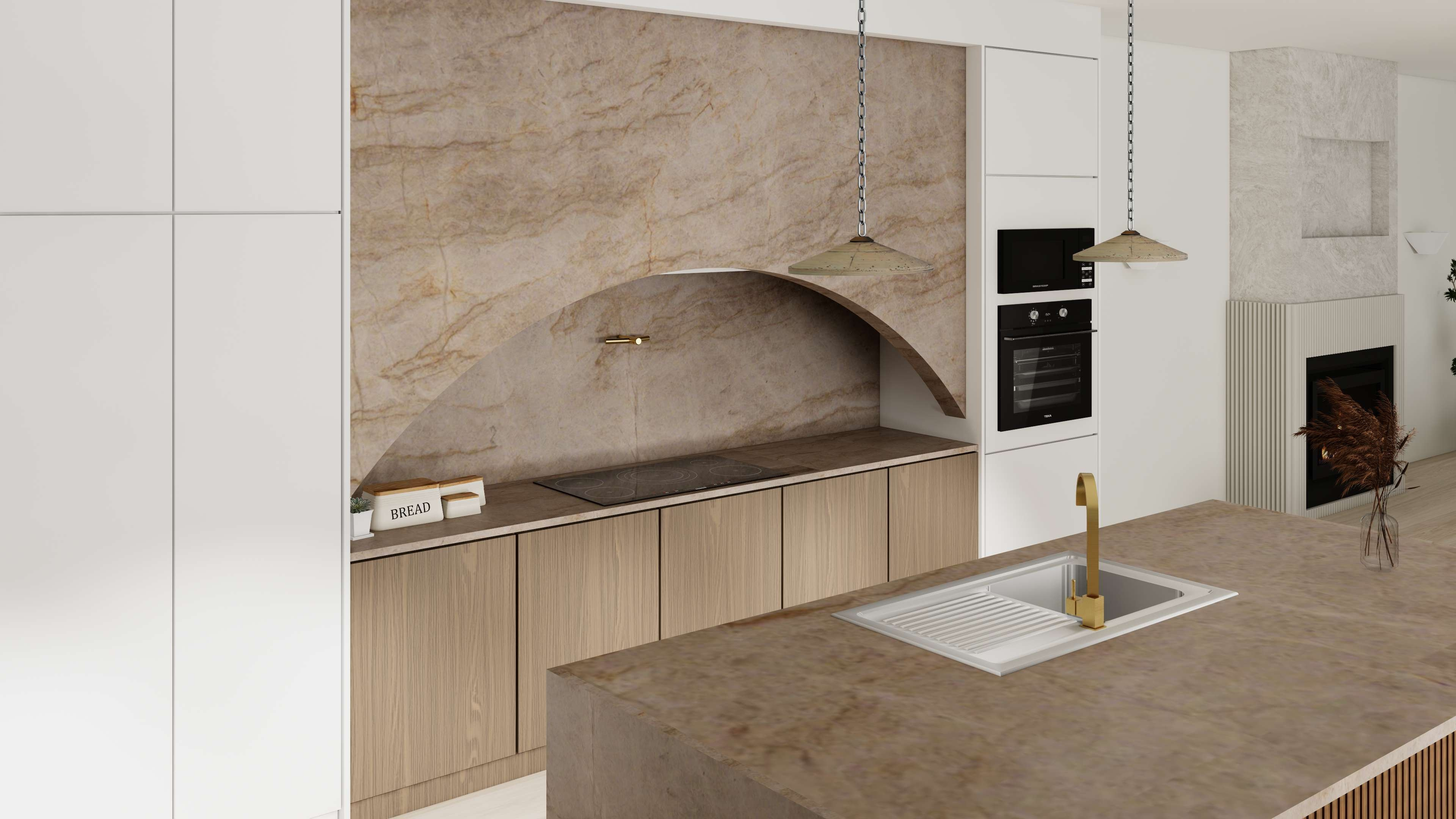 A minimalist kitchen with arched stone splashback and warm timber joinery