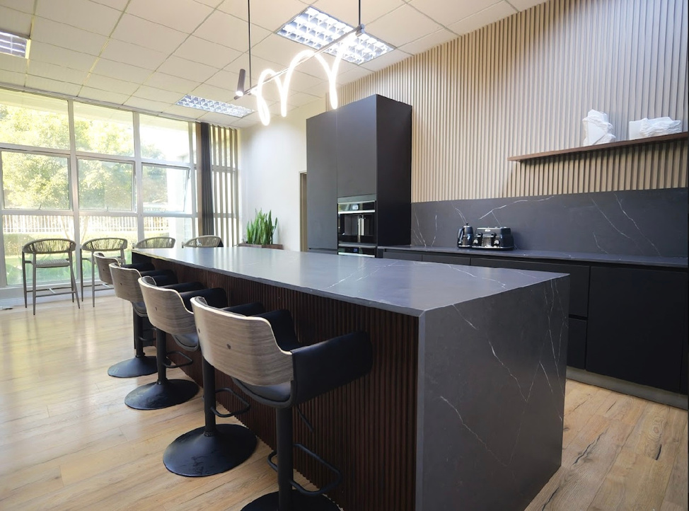 Office marble island with bar stools